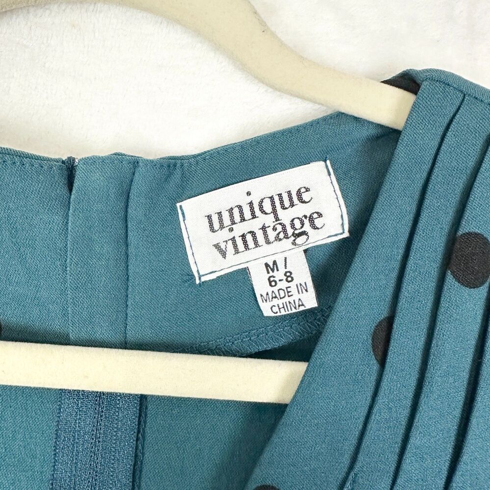 Unique Vintage Delores Swing Dress Size Medium 6/8 NWT Teal Black Dot Rockabilly - Picture 4 of 6